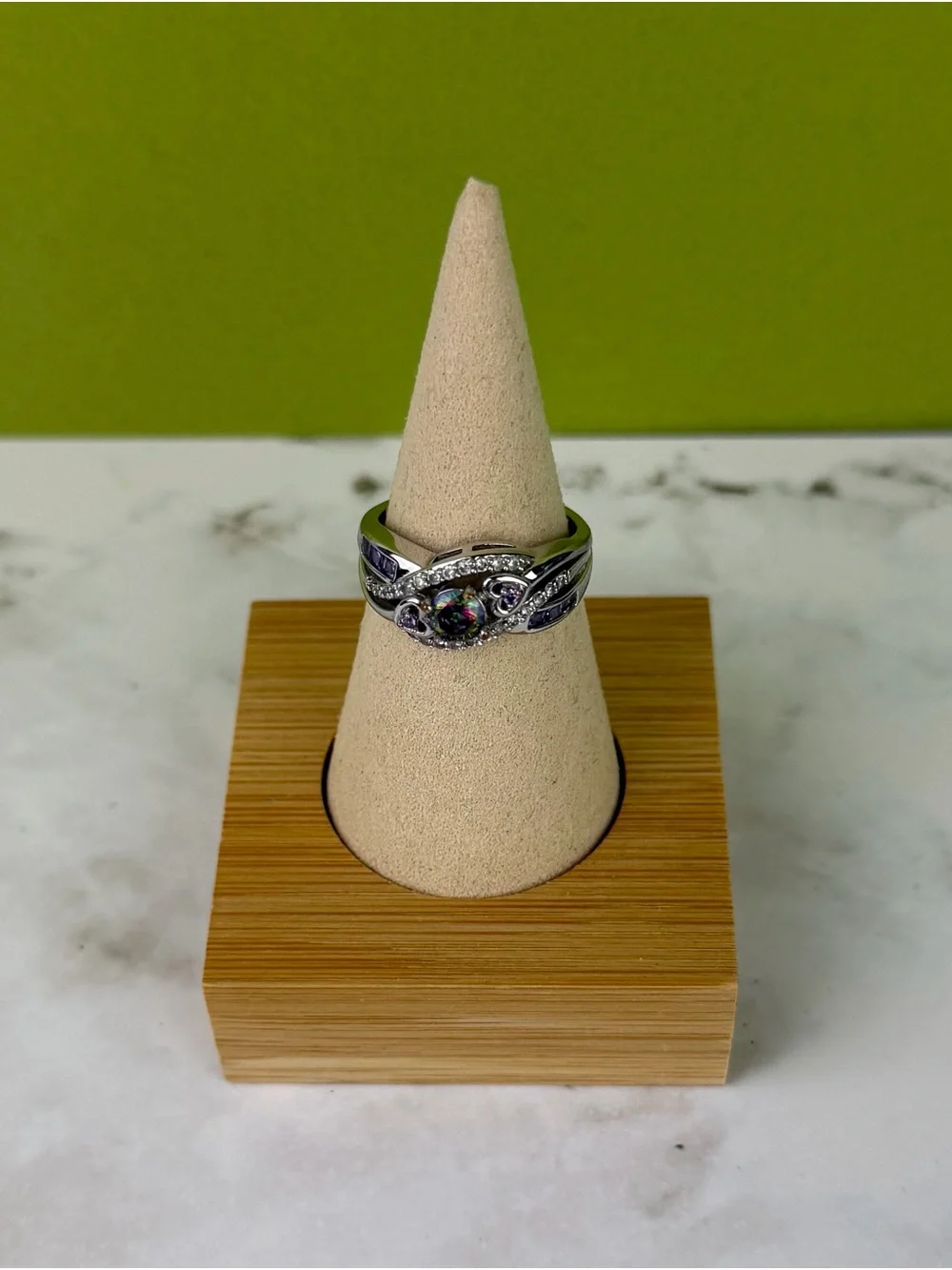 925 Sterling Silver Mystic Fire Topaz Amethyst Bypass Heart Ring – Size 8
